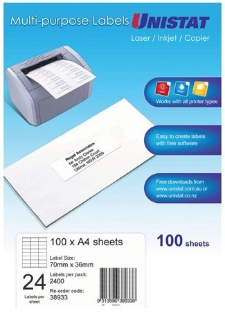 Unistat Labels 24Up 70x36mm 100 Shts / Box Laser/Inkjet/Copier